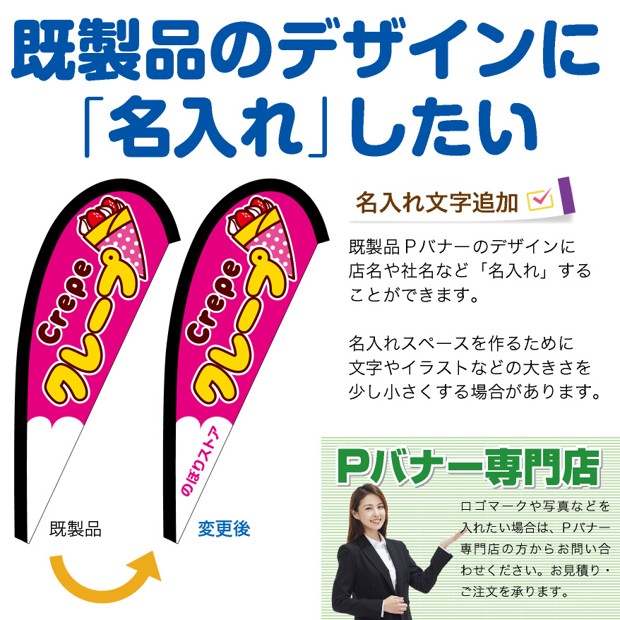Pバナーの既製品のデザインに「名入れ」したい